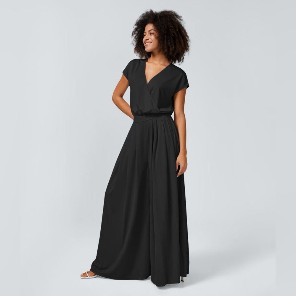 HALARA V Neck Short Sleeve Side Pocket Wide Leg Flowy Waffle Casual Jumpsuit M - Picture 3 of 7